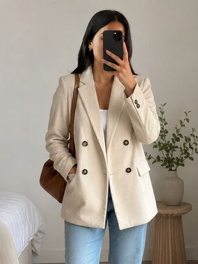 H&M Corduroy Double Breasted Blazer Jacket Neutral Cream Long Sleeve us 2